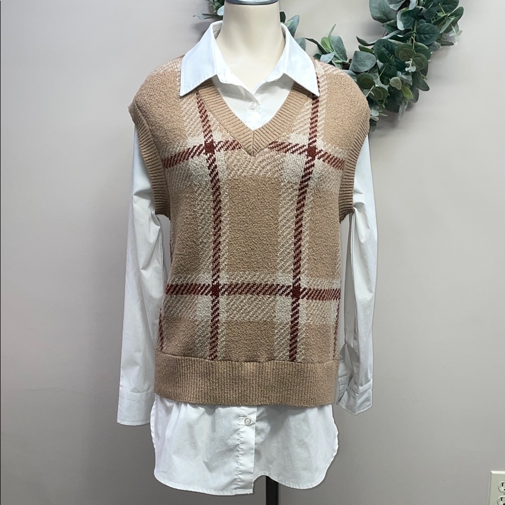 Rachel Zoe Tan Plaid Sweater Vest Attached White Collared Button Down Shirt S